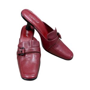 Madeline Hannah Red Leather Mule Heels Women’s 8.5 Slip On Kitten Heel Buckle